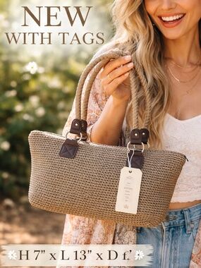 👜 LINA Taupe (Neutral Beige Tone) Woven Boho Handbag NWT Chic Hippie Style Bag.